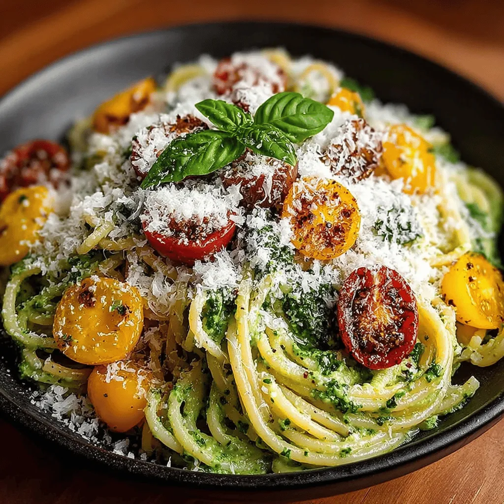 - 8 ounces spaghetti or linguine - 2 ripe avocados - 2 cloves garlic, minced - 1 cup fresh basil leaves - 2 tablespoons lemon juice - 2 tablespoons extra-virgin olive oil - 1/4 cup grated Parmesan cheese - Salt and pepper to taste - Optional: 1 cup halved cherry tomatoes - Optional: Red pepper flakes for heat