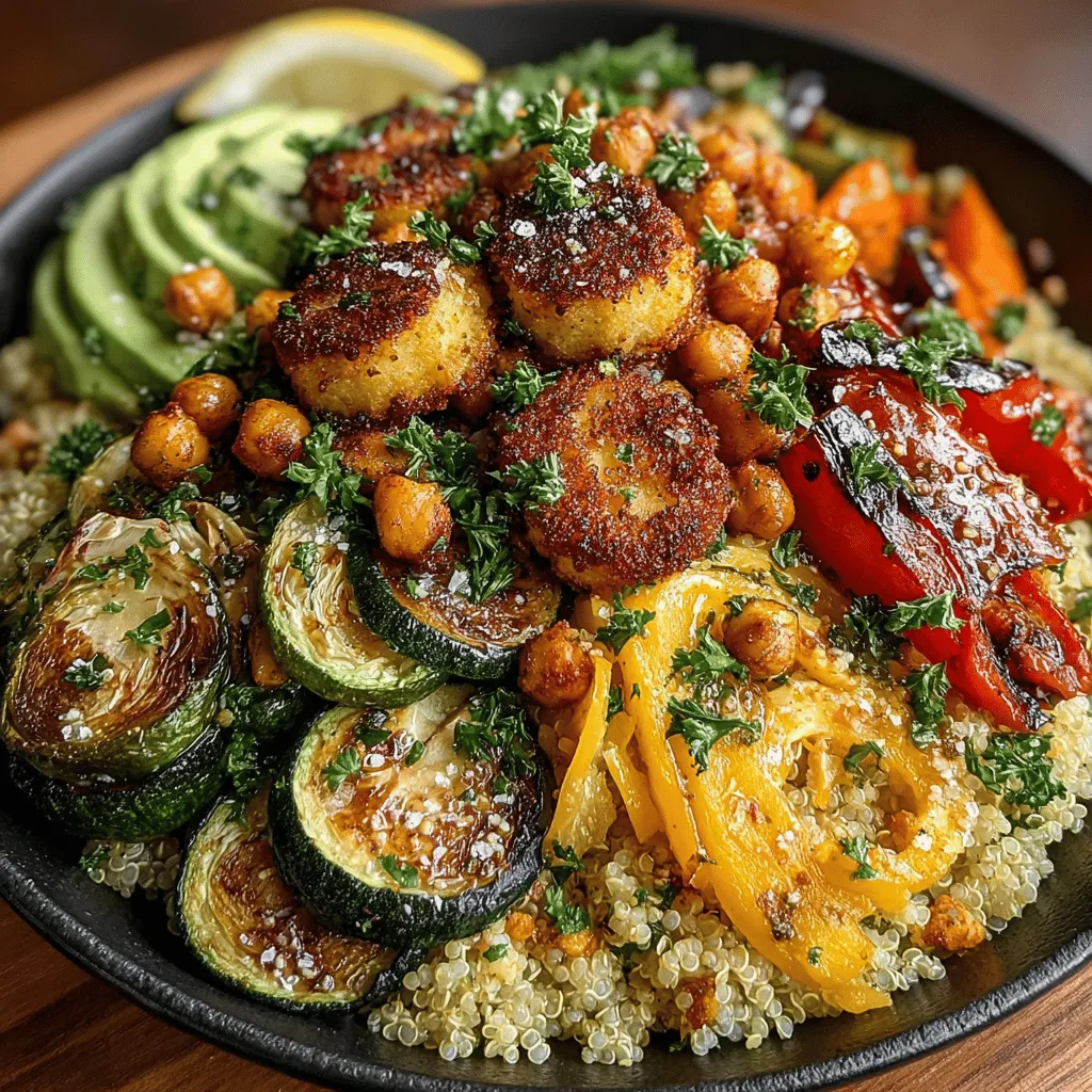 - 1 cup quinoa - 2 cups vegetable broth or water - 1 medium zucchini, diced - 1 red bell pepper, diced - 1 cup Brussels sprouts, halved - 1 medium red onion, diced - 1 medium sweet potato, peeled and cubed - 2 tablespoons olive oil - 1 teaspoon garlic powder - 1 teaspoon smoked paprika - Salt and pepper to taste - 1 can chickpeas, drained and rinsed - Fresh herbs for garnish (optional)