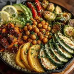 - 1 cup quinoa - 2 cups vegetable broth or water - 1 medium zucchini, diced - 1 red bell pepper, diced - 1 cup Brussels sprouts, halved - 1 medium red onion, diced - 1 medium sweet potato, peeled and cubed - 2 tablespoons olive oil - 1 teaspoon garlic powder - 1 teaspoon smoked paprika - Salt and pepper to taste - 1 can chickpeas, drained and rinsed - Fresh herbs for garnish (optional)