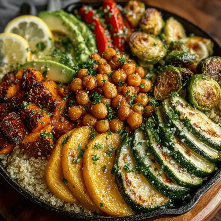 - 1 cup quinoa - 2 cups vegetable broth or water - 1 medium zucchini, diced - 1 red bell pepper, diced - 1 cup Brussels sprouts, halved - 1 medium red onion, diced - 1 medium sweet potato, peeled and cubed - 2 tablespoons olive oil - 1 teaspoon garlic powder - 1 teaspoon smoked paprika - Salt and pepper to taste - 1 can chickpeas, drained and rinsed - Fresh herbs for garnish (optional)