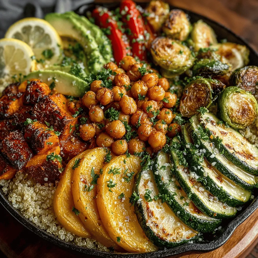 - 1 cup quinoa - 2 cups vegetable broth or water - 1 medium zucchini, diced - 1 red bell pepper, diced - 1 cup Brussels sprouts, halved - 1 medium red onion, diced - 1 medium sweet potato, peeled and cubed - 2 tablespoons olive oil - 1 teaspoon garlic powder - 1 teaspoon smoked paprika - Salt and pepper to taste - 1 can chickpeas, drained and rinsed - Fresh herbs for garnish (optional)