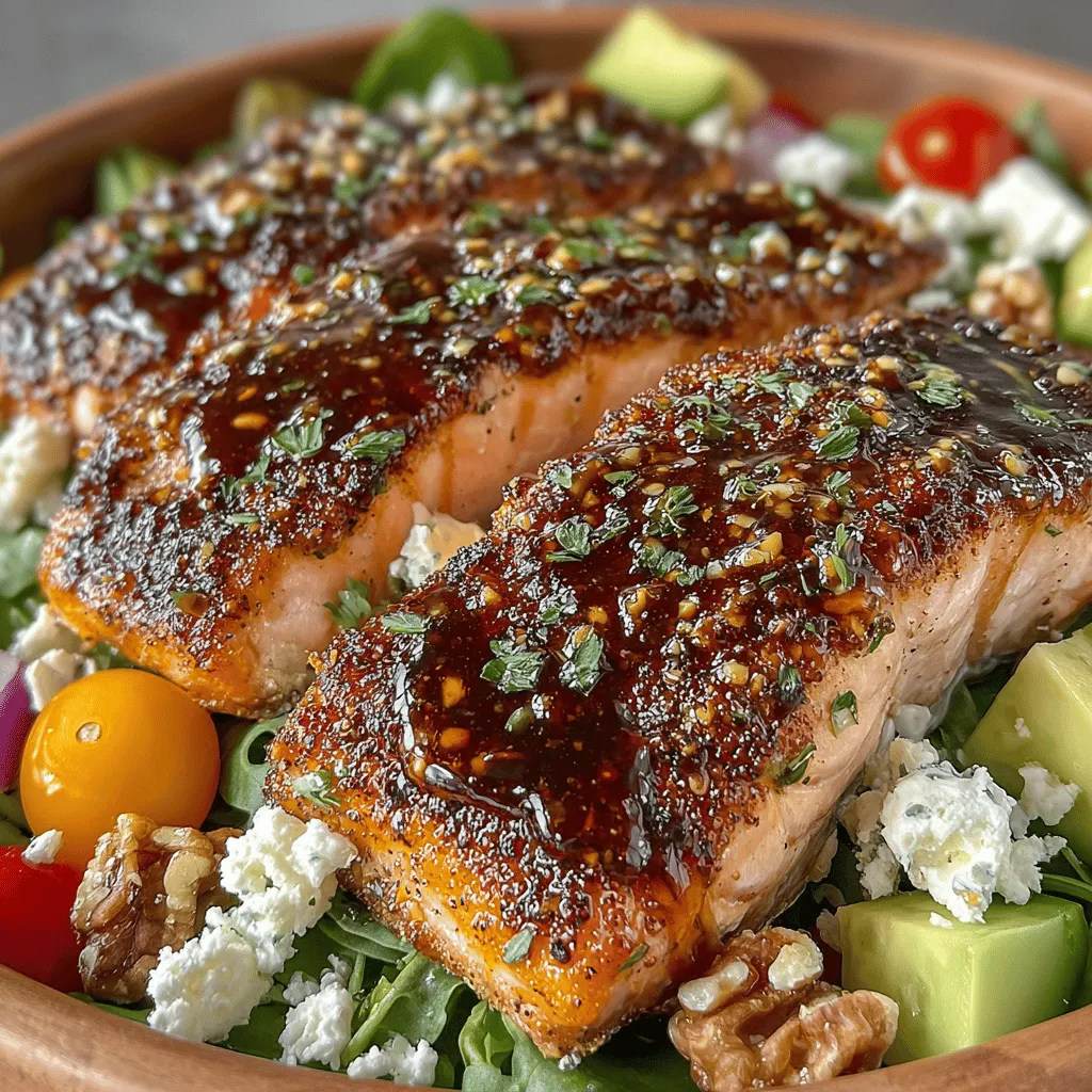 - 2 salmon fillets - 2 tablespoons honey - 1 tablespoon Dijon mustard - Salt and pepper, to taste - 4 cups mixed salad greens (spinach, arugula, or romaine) - 1 cup cherry tomatoes, halved - 1 cucumber, sliced - 1/4 red onion, thinly sliced - 1 avocado, diced - 1/4 cup nuts (walnuts or almonds), chopped - Optional: 1/4 cup feta cheese, crumbled