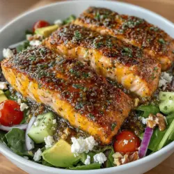 - 2 salmon fillets - 2 tablespoons honey - 1 tablespoon Dijon mustard - Salt and pepper, to taste - 4 cups mixed salad greens (spinach, arugula, or romaine) - 1 cup cherry tomatoes, halved - 1 cucumber, sliced - 1/4 red onion, thinly sliced - 1 avocado, diced - 1/4 cup nuts (walnuts or almonds), chopped - Optional: 1/4 cup feta cheese, crumbled