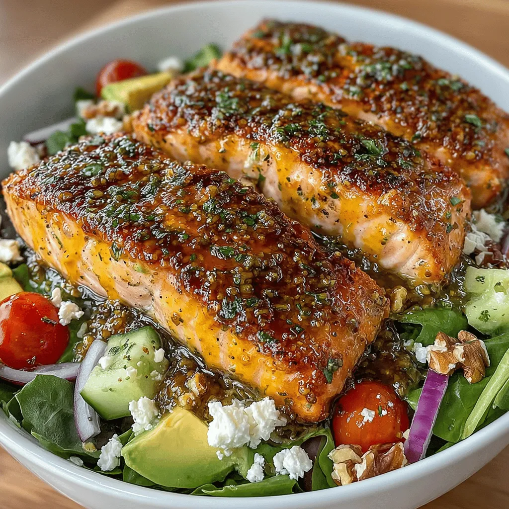 - 2 salmon fillets - 2 tablespoons honey - 1 tablespoon Dijon mustard - Salt and pepper, to taste - 4 cups mixed salad greens (spinach, arugula, or romaine) - 1 cup cherry tomatoes, halved - 1 cucumber, sliced - 1/4 red onion, thinly sliced - 1 avocado, diced - 1/4 cup nuts (walnuts or almonds), chopped - Optional: 1/4 cup feta cheese, crumbled