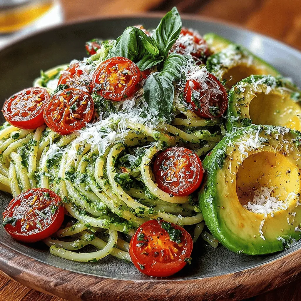 - 8 ounces spaghetti (or any pasta of your choice) - 2 ripe avocados - 1 cup fresh basil leaves - 2 cloves garlic, minced - 2 tablespoons lemon juice - 3 tablespoons extra virgin olive oil - Salt and pepper to taste - Optional: grated Parmesan cheese for serving - Optional: cherry tomatoes for garnish
