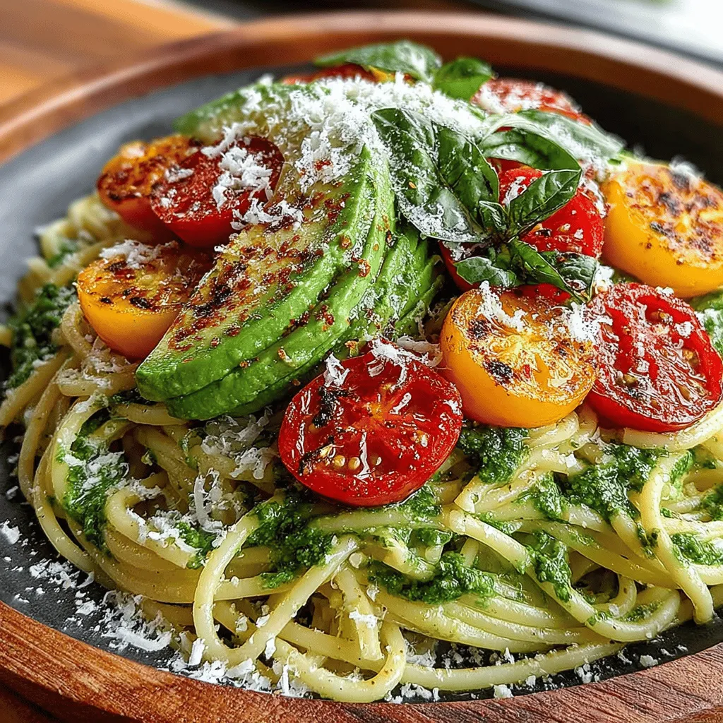 - 8 ounces spaghetti (or any pasta of your choice) - 2 ripe avocados - 1 cup fresh basil leaves - 2 cloves garlic, minced - 2 tablespoons lemon juice - 3 tablespoons extra virgin olive oil - Salt and pepper to taste - Optional: grated Parmesan cheese for serving - Optional: cherry tomatoes for garnish