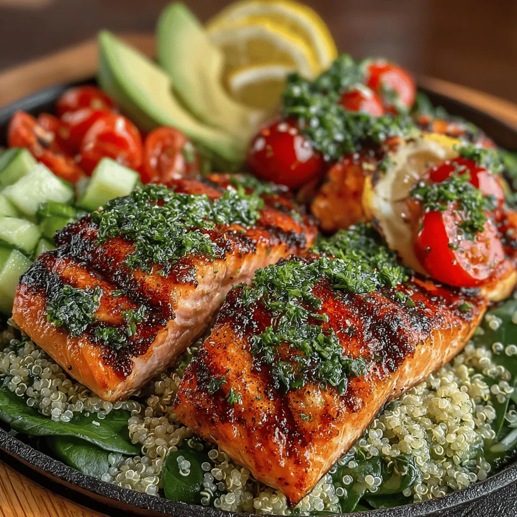 - 4 salmon fillets (about 6 ounces each) - 1/4 cup extra virgin olive oil - 3 cloves garlic, minced - Juice and zest of 2 lemons - 1 teaspoon salt - 1/2 teaspoon black pepper - 1 teaspoon dried oregano - 1 cup quinoa - 2 cups vegetable or chicken broth - 1 cup cherry tomatoes, halved - 1 cucumber, diced - 1 avocado, sliced - Fresh parsley for garnish
