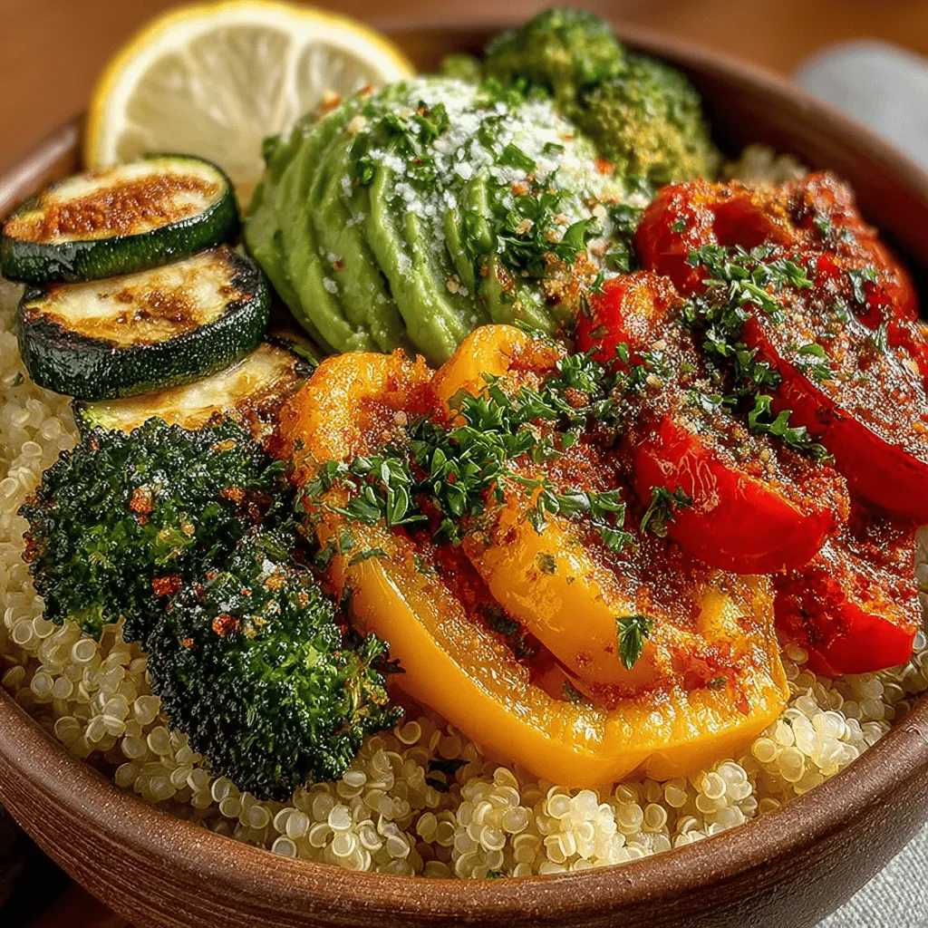 - 1 cup quinoa - 2 cups water or vegetable broth - 1 zucchini, diced - 1 bell pepper (any color), diced - 1 cup cherry tomatoes, halved - 1 red onion, diced - 1 cup broccoli florets - 1 can (15 oz) chickpeas, drained and rinsed - 1 avocado, sliced - 3 tablespoons olive oil - 1 teaspoon garlic powder - 1 teaspoon smoked paprika - Salt and pepper to taste - Fresh herbs for garnish (optional)