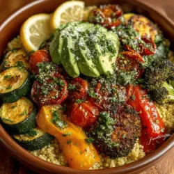 - 1 cup quinoa - 2 cups water or vegetable broth - 1 zucchini, diced - 1 bell pepper (any color), diced - 1 cup cherry tomatoes, halved - 1 red onion, diced - 1 cup broccoli florets - 1 can (15 oz) chickpeas, drained and rinsed - 1 avocado, sliced - 3 tablespoons olive oil - 1 teaspoon garlic powder - 1 teaspoon smoked paprika - Salt and pepper to taste - Fresh herbs for garnish (optional)