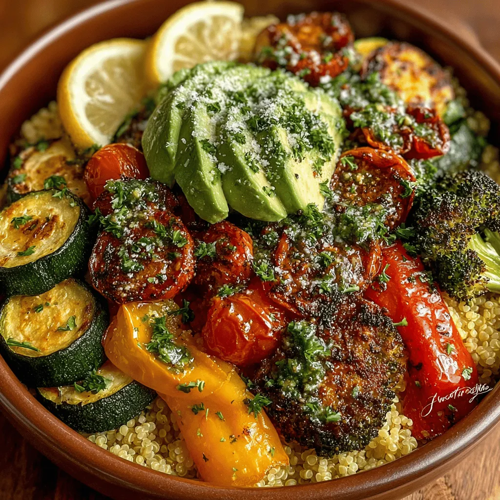 - 1 cup quinoa - 2 cups water or vegetable broth - 1 zucchini, diced - 1 bell pepper (any color), diced - 1 cup cherry tomatoes, halved - 1 red onion, diced - 1 cup broccoli florets - 1 can (15 oz) chickpeas, drained and rinsed - 1 avocado, sliced - 3 tablespoons olive oil - 1 teaspoon garlic powder - 1 teaspoon smoked paprika - Salt and pepper to taste - Fresh herbs for garnish (optional)