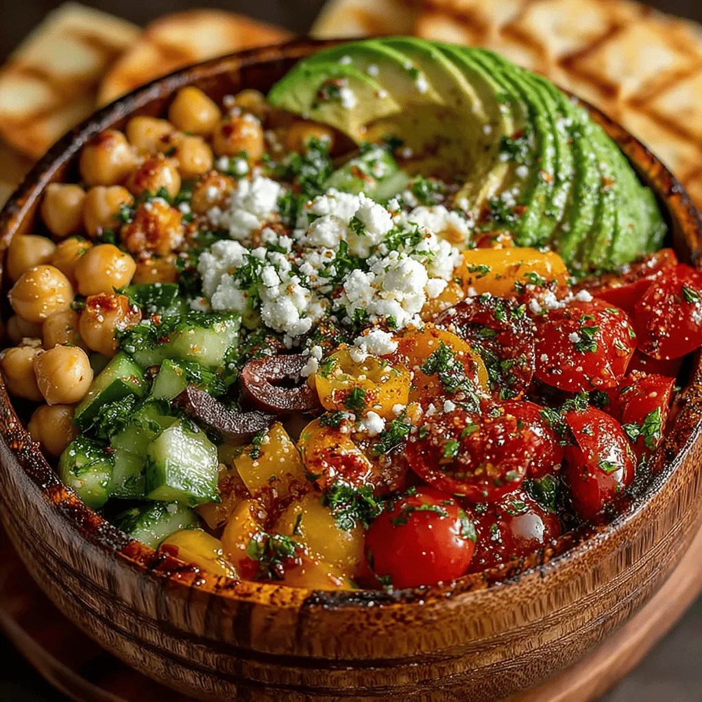 - 1 can (15 oz) chickpeas, drained and rinsed - 1 cup cherry tomatoes, halved - 1 cucumber, diced - 1 bell pepper (any color), diced - 1/2 red onion, finely chopped - 1/2 cup Kalamata olives, pitted and sliced - 1/2 cup feta cheese, crumbled - 1/4 cup fresh parsley, chopped - 3 tablespoons olive oil - 1 tablespoon red wine vinegar - 1 teaspoon dried oregano - Salt and pepper to taste - Optional: 1 avocado, diced - Optional: Pita bread or chips for serving