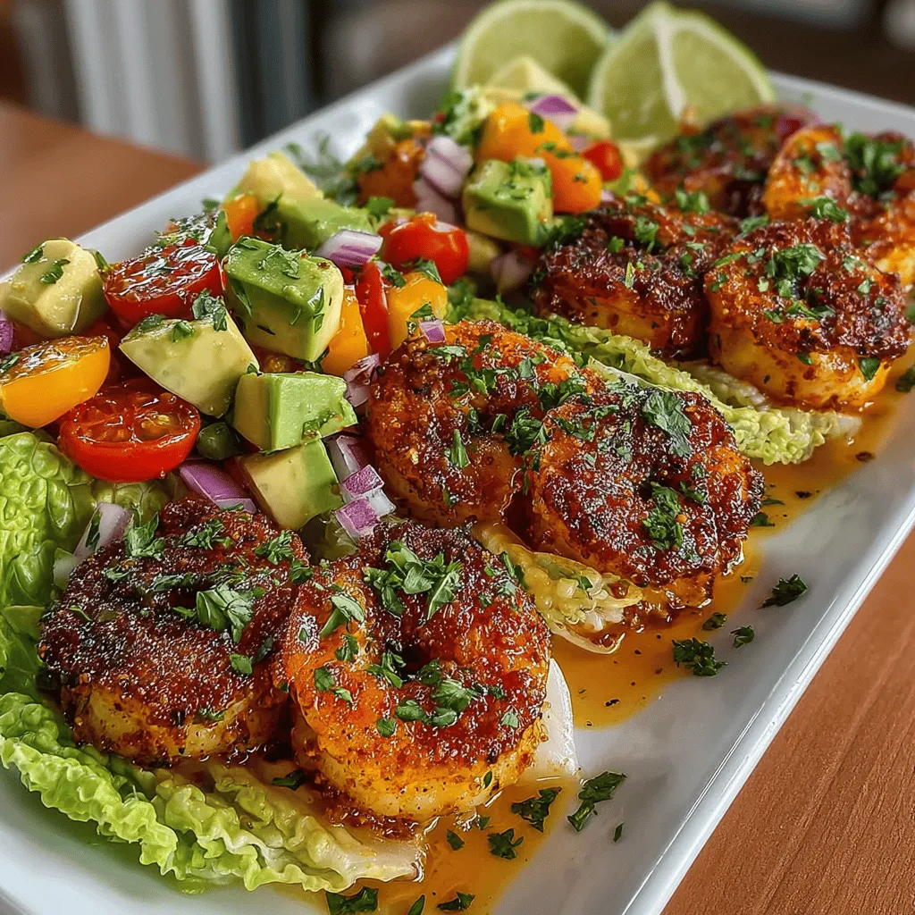 - 1 pound large shrimp, peeled and deveined - 2 tablespoons extra virgin olive oil - 4 cloves garlic, minced - Juice and zest of 2 limes - 1 teaspoon chili powder - 1 teaspoon smoked paprika - Salt and pepper to taste - 1 head of romaine lettuce, leaves separated - 1 avocado, diced - 1 cup cherry tomatoes, halved - 1 small red onion, finely chopped - Fresh cilantro for garnish (optional)