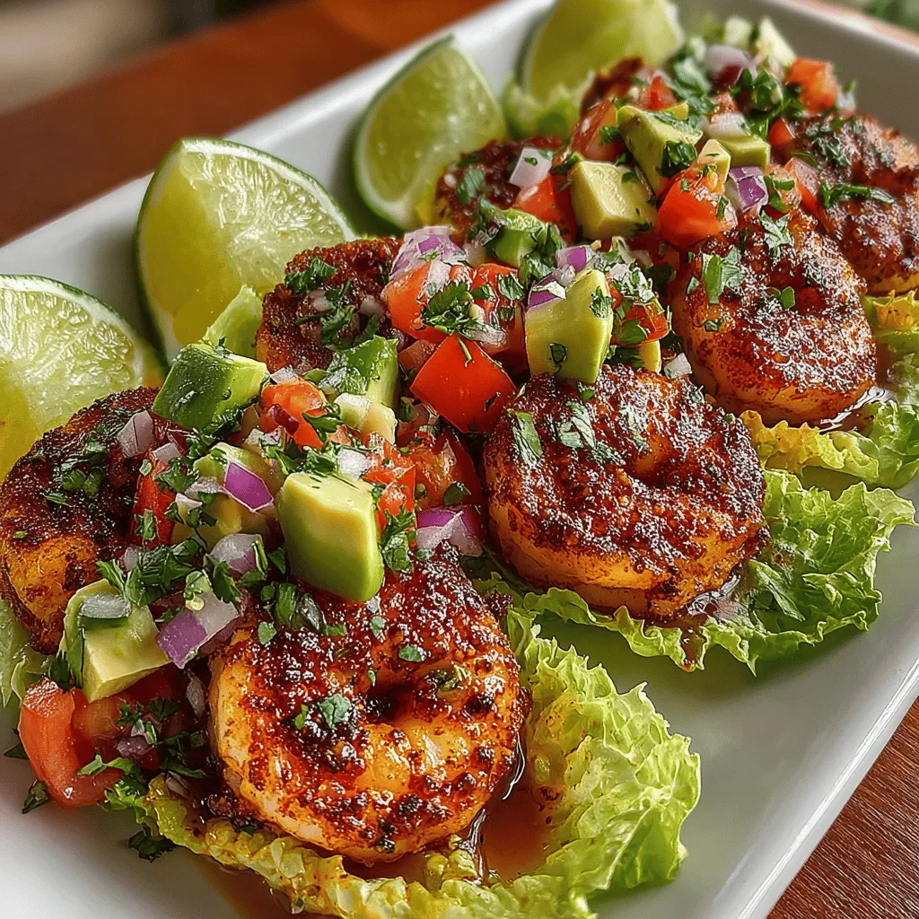 - 1 pound large shrimp, peeled and deveined - 2 tablespoons extra virgin olive oil - 4 cloves garlic, minced - Juice and zest of 2 limes - 1 teaspoon chili powder - 1 teaspoon smoked paprika - Salt and pepper to taste - 1 head of romaine lettuce, leaves separated - 1 avocado, diced - 1 cup cherry tomatoes, halved - 1 small red onion, finely chopped - Fresh cilantro for garnish (optional)